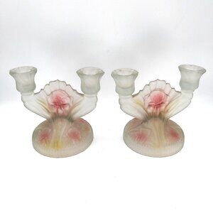 VTG Set of 2 Jeannette frosted Glass Candle Stick Holders Iris & Herringbone 7"L